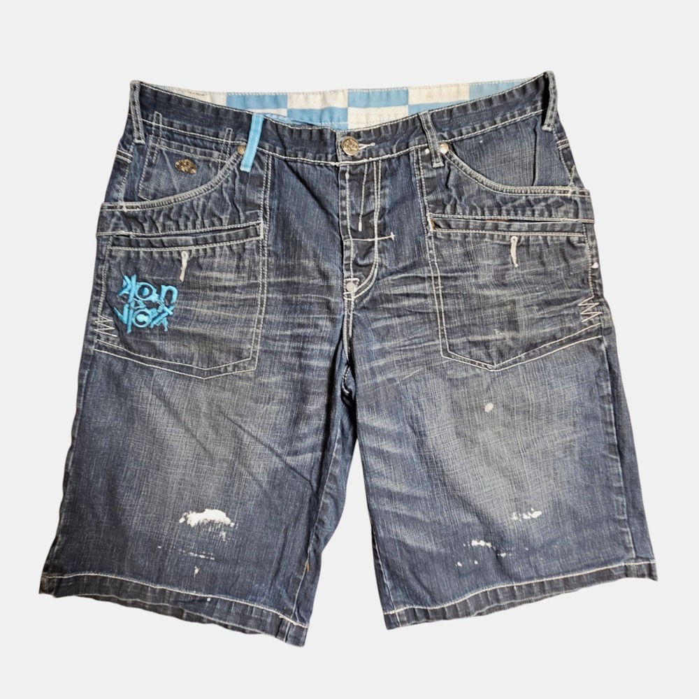 Konvict Baggy Denim Jorts Shorts 40x15 Logo Leather Patch Hip‎ Hop Skate Y2K